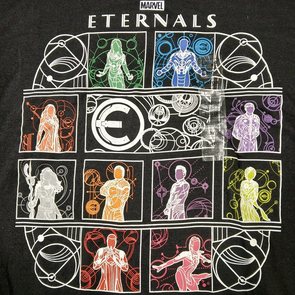 Marvel Eternals Graphic T-Shirt Mens Large Black Neon Character Grid Tee